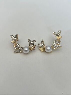 Gold Butterfly Pearl Ear Climbers - Women Jewelry